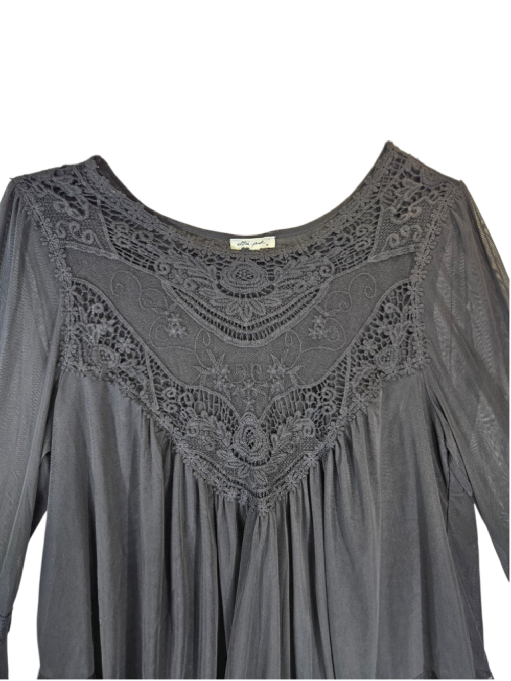Ultra Pink Womens Black Lace Trim Peasant Top Large Sheer Boho Blouse - Picture 2 of 9